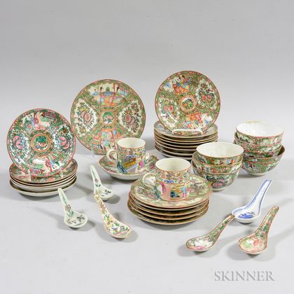 Approximately Thirty-two Pieces of Rose Medallion Porcelain Tableware. Estimate $200-400