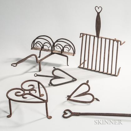 Six Pieces of Heart-decorated Wrought Iron Hearth Equipment