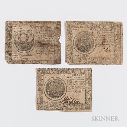 Three September 26, 1778 Continental Currency Notes