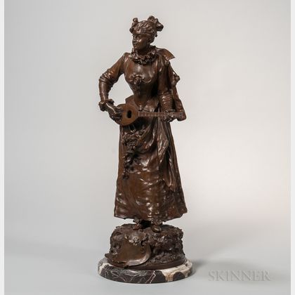 After Adrien Etienne Gaudez (act. France, 1845-1902) Bronze Figure of a Maiden Playing Music