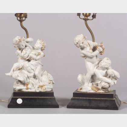 Pair of Continental White Porcelain Figural Lamp Bases