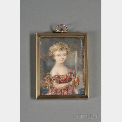 British Portrait Miniature on Ivory of a Boy with a Sword