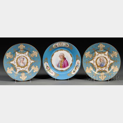 Three Sevres Porcelain Celeste Blue Portrait Plates
