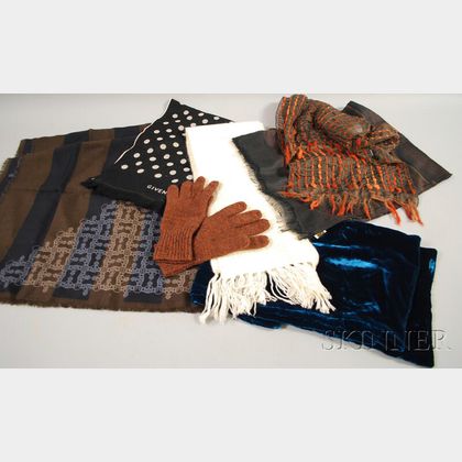 Six Assorted Women's Designer Scarves and Pair of Gloves