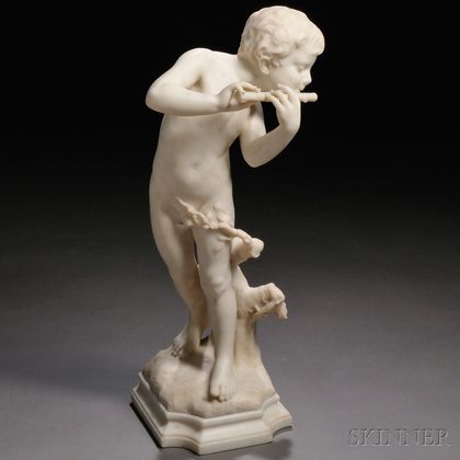 Attributed to Affortunato Gory (Italian/French, fl. 1895-1925) Marble Sculpture of a Boy Playing a Flute