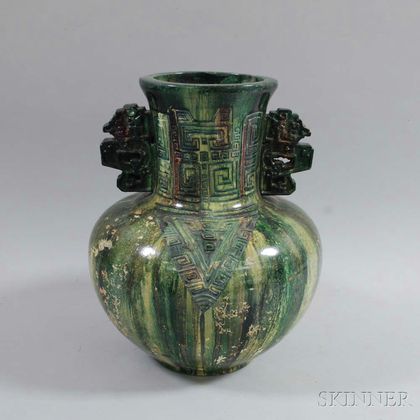 Mottled Green-glazed Pottery Handled Vase