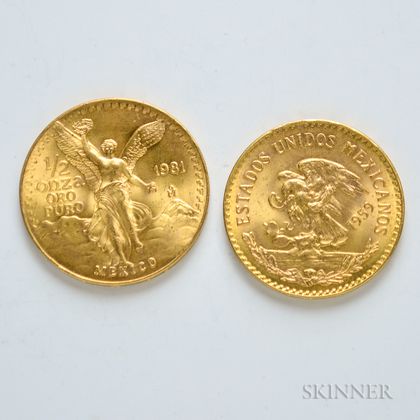 1959 Mexican 20 Pesos and a 1981 Mexican Half Onza Gold Coin.