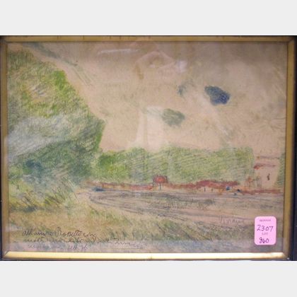 Framed Mixed Media Landscape with a Distant Villa