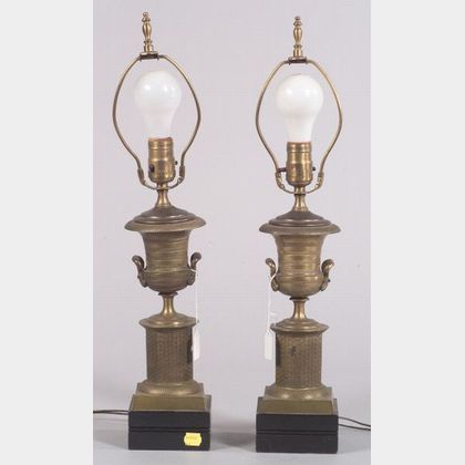 Pair of French Empire-style Gilt Metal Campagna Urn Lamp Bases