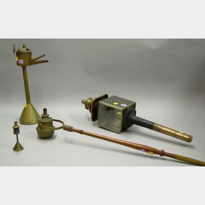 Brass Utility Oil Lamp, Salesmans Sample Lamp, a Wood-Handled Brass Parade Torch, and a Black Painted Tin, Cop... 