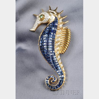 18kt Gold and Gem-set Seahorse Clip Brooch