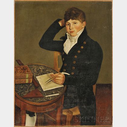 Possibly American School, Early 19th Century Portrait of a Young Man Seated at a Table Sketching with a Compass.