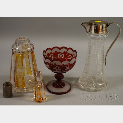 Bohemian Etched Amber Flash Decanter, Ruby Flash Glass Compote, and a Silver Plate Mounted Cut Glass Carafe. 