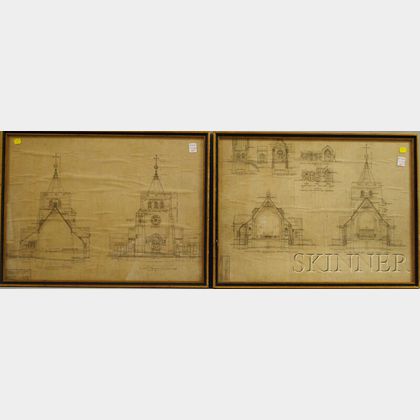 Two Framed Maginnis & Walsh Architectural Elevation Plans of Newman School Chapel