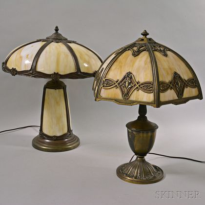 Two Metal and Slag Glass Table Lamps