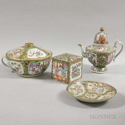 Rose Medallion Porcelain Teapot, Dish, Covered Box, and Bowl