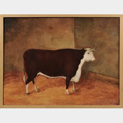 Anglo/American School, Mid-19th Century Portrait of a Brown and White Bull in a Stall