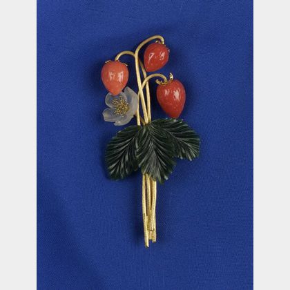 Coral, Nephrite Jade, and Crystal Strawberry Pin