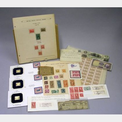 Miscellaneous Postage and Revenue Stamps, Three 22kt Gold Replicas of Air Mail Stamps, and Miscellaneous Currency