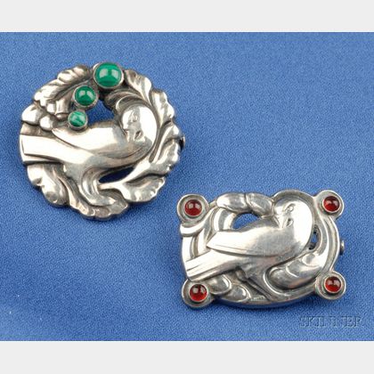 Two Sterling Silver and Gem-set Bird Brooches, Georg Jensen