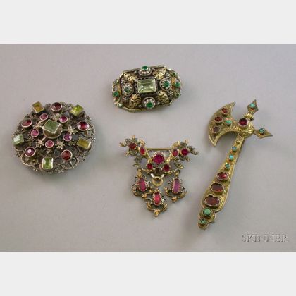 Four Primarily Silver Bohemian/Austro-Hungarian Gem Set Brooches