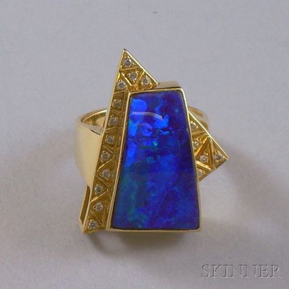 18kt Gold, Black Opal, and Diamond Ring