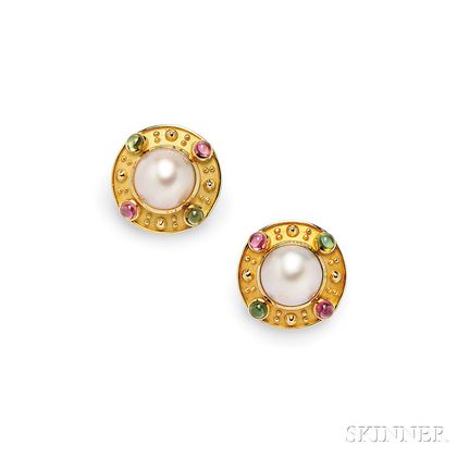 18kt Gold, Mabe Pearl, and Colored Stone Earclips