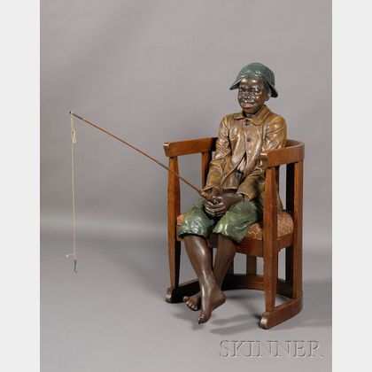 Life-sized Austrian Painted Terracotta Figure of a Boy Fishing