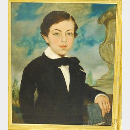 American School 19th Century Oil on Canvas Portrait of a Boy Holding a Book