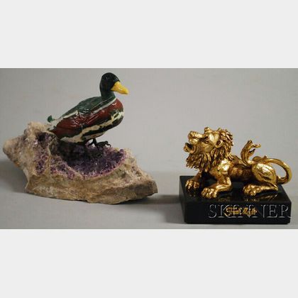 Georg O. Wild Carved Stone Duck with Ruby Eyes and a Gilt-metal Frank Meisler Lion o Judah Paperweight