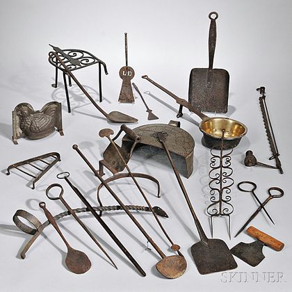 Twenty-two Wrought Iron Hearth Tools and Accessories