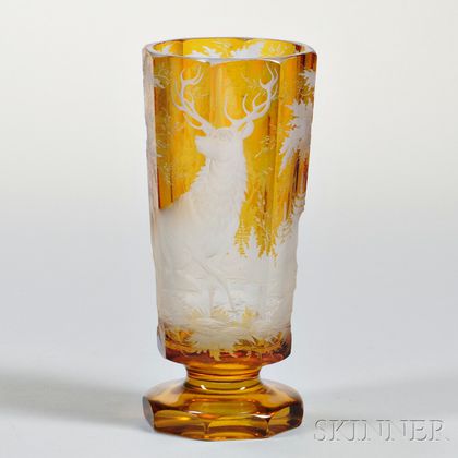 Bohemian Etched Amber Glass Vase