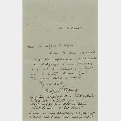 Kipling, Rudyard (1865-1936) Autograph Letter Signed, Rhodesia, [1898].