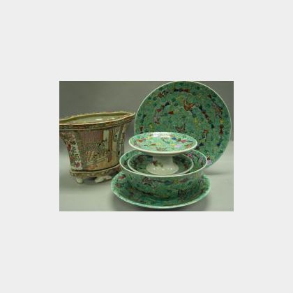 Set of Five Chinese Export Style Green Glazed Porcelain Compotes, Chargers and Bowl, with a Chinese Export Porcelain Jardiniere on Stan