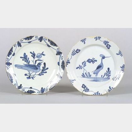 Two Bristol Delftware Blue and White Bird Plates