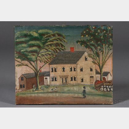 American School, 19th Century Primitive House Portrait with Gentleman in Top Hat and a Playful Dog.