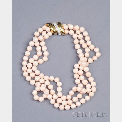 Multi-strand Angelskin Coral Bead and Diamond Necklace