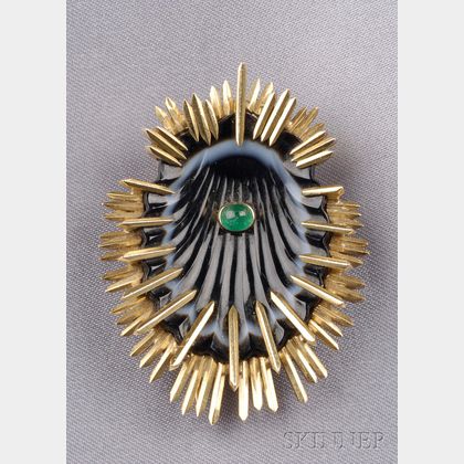 18kt Gold, Agate, and Emerald Clip Brooch, Schlumberger