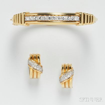 18kt Gold and Diamond Bracelet and Earclips