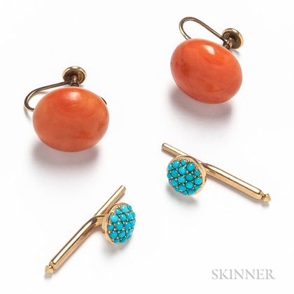 Pair of Coral Earclips and Two Turquoise Shirt Studs