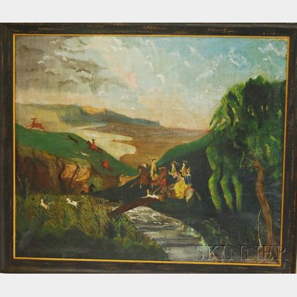 British School 19th Century Oil on Canvas Hunting Party in a Vivid Landscape