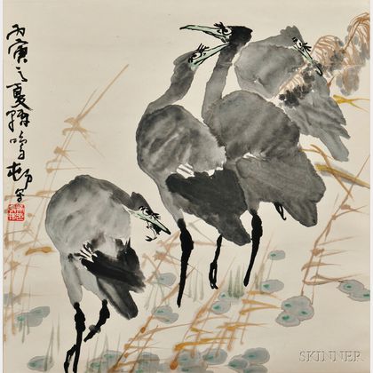 Painting of Egrets with Green Beaks