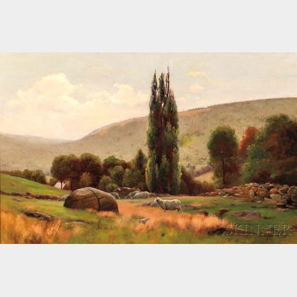 Jonas Joseph LaValley (American, 1858-1930) Sheep in a Hillside Pasture