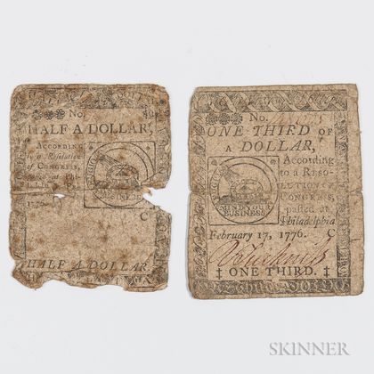 February 17, 1776 $1/3 and $1/2 Continental Currency Notes. Estimate $200-400