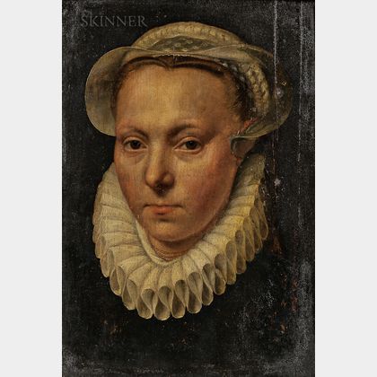 Northern European School, 17th Century Style Portrait Head of Woman in a White Cap and Ruff