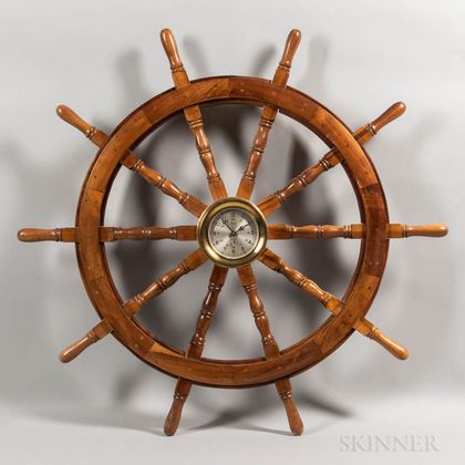 Turned Mahogany Ship's Helm Mounted with Clock