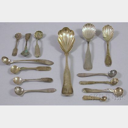 Fourteen 19th Century Coin Silver Sugar Shells, Serving Spoons, and Salt Spoons