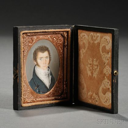 American School, 19th Century Miniature Portrait of a Brown-haired Blue-eyed Gentleman.