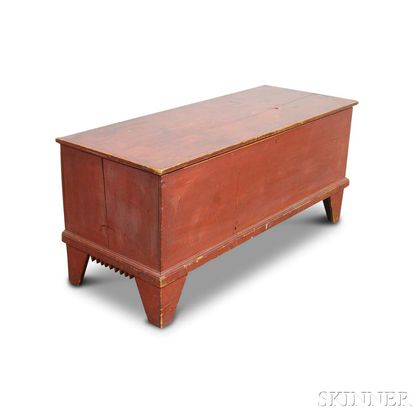 Red-painted and Carved Pine Six-board Chest