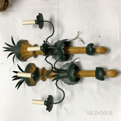 Pair of Mexican Green- and Yellow-painted Tin Folk Art Sconces